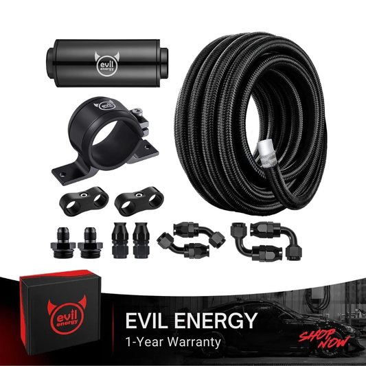 EVIL ENERGY 6AN Fuel Line Kit with 10 Micron Fuel Filter, Inline Fuel Filter & Bracket Clamp 50MM Universal, 6AN Hose Braided Fuel Line Fitting Kit PTFE 10FT - EVILENERGY