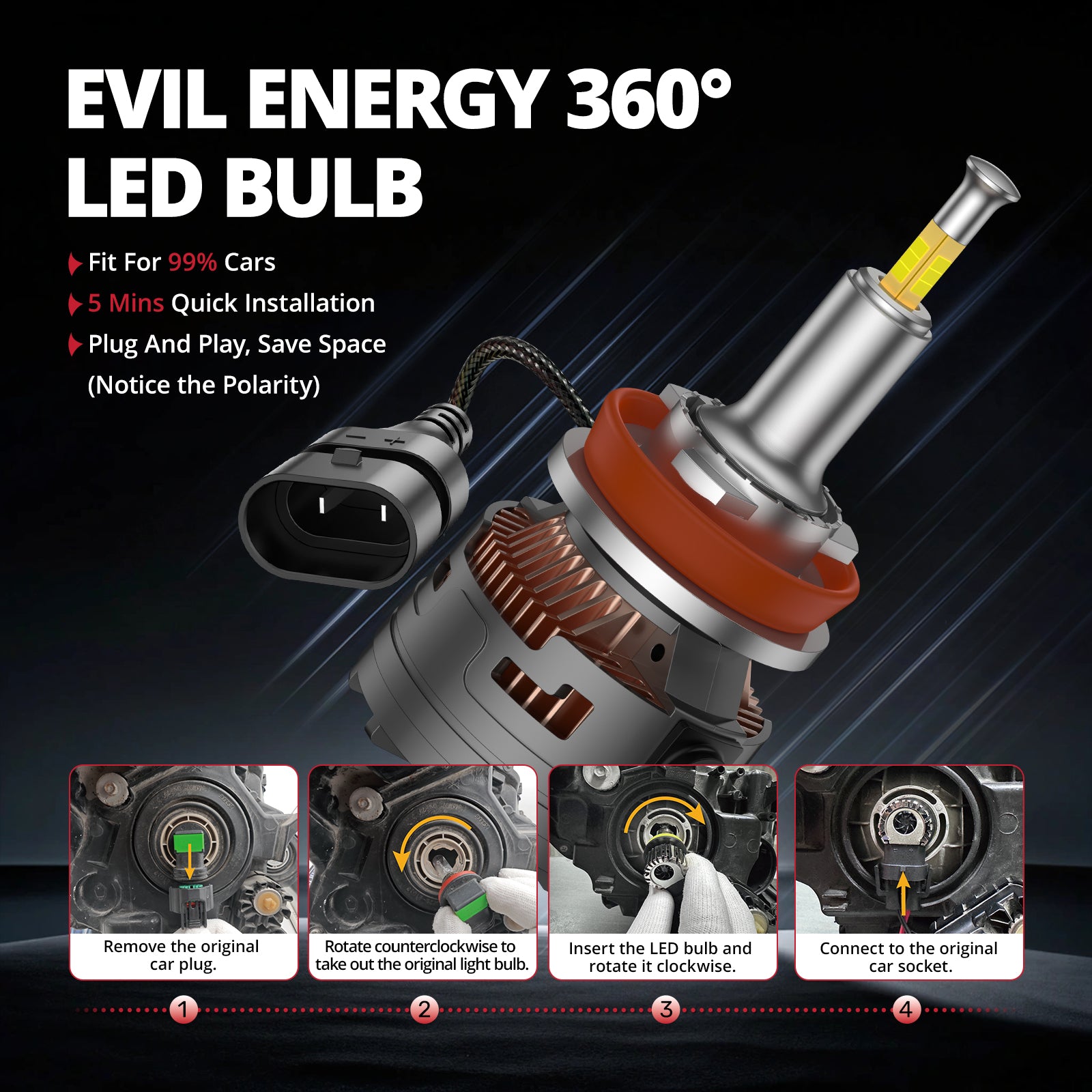 EVIL ENERGY V7 Brightest 150W 360° Full IIlumination H11/H8/H9 6500K White 45000LM IP68 LED Headlight Bulbs 2 Pcs