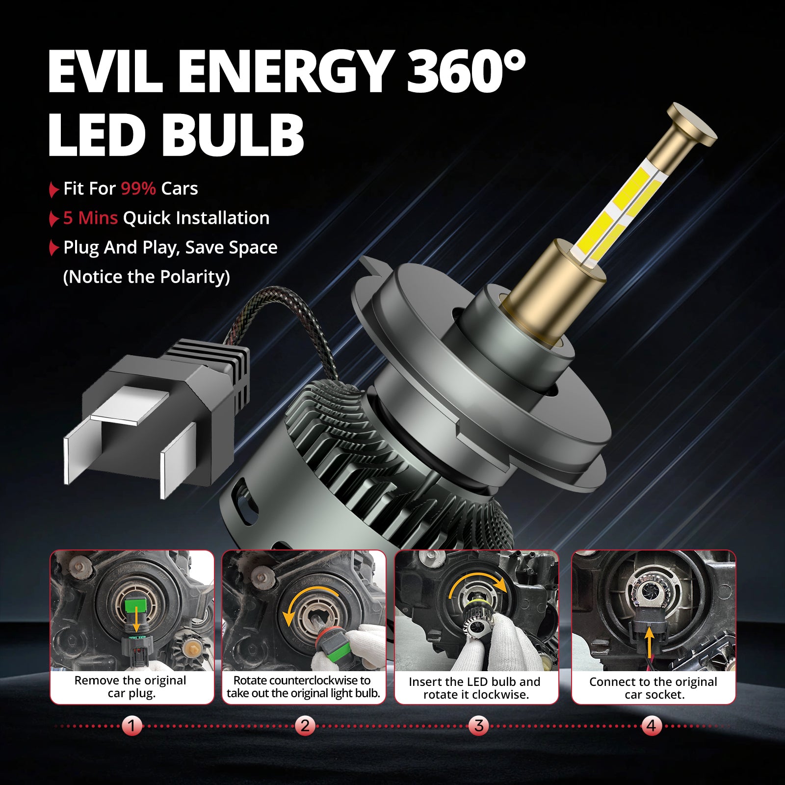 EVIL ENERGY RD09 Bullet 130W 360° Full IIlumination H4/9003/HB2 Dual Light Source 6500K White 40000LM IP68 LED Headlight Bulbs 2 Pcs