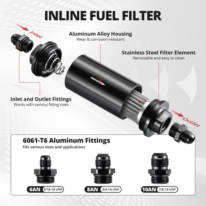 EVIL ENERGY Inline Fuel Filter with 6AN 8AN 10AN Adapter&Bracket Clamp 60,50MM Universal Kit - EVILENERGY