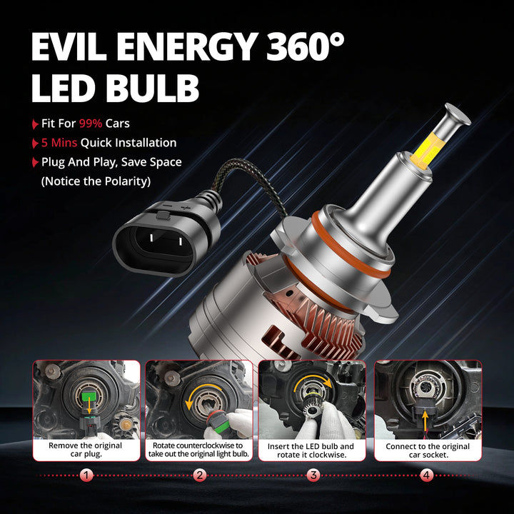 EVIL ENERGY V7 Brightest 9006/HB4 150W 360°Full Illumination LED Headlight Bulbs 900% Brighter Than Halogen and 50,000Hrs Lifespan - EVILENERGY