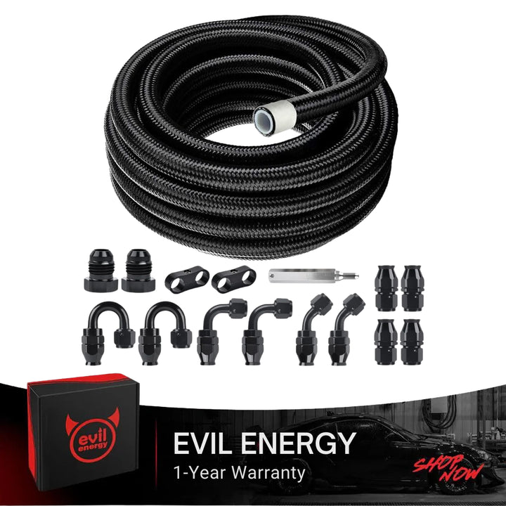 EVIL ENERGY 46/8/10/12AN PTFE Fuel Line Kit 20FT, E85 Braided PTFE Fuel Hose Line Black PTFE Hose Kit - EVILENERGY