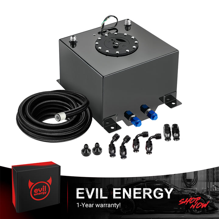 [5 Gallon,Black,12FT] The black color variant of the EVIL ENERGY Aluminum Fuel Cell Gas Tank, bundled with a complete 6AN PTFE Fuel Line Kit and AN fittings.