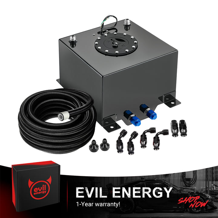 [5 Gallon,Black,16FT] The black color variant of the EVIL ENERGY Aluminum Fuel Cell Gas Tank, bundled with a complete 6AN PTFE Fuel Line Kit and AN fittings.
