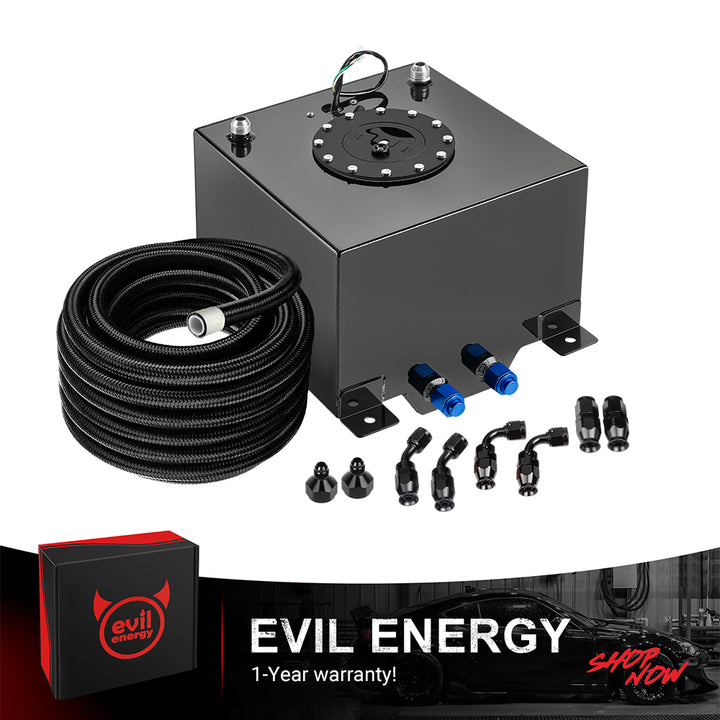 [5 Gallon,Black,20FT] The black color variant of the EVIL ENERGY Aluminum Fuel Cell Gas Tank, bundled with a complete 6AN PTFE Fuel Line Kit and AN fittings.