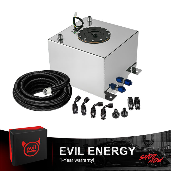 [5 Gallon,Silver,12FT] A silver EVIL ENERGY Aluminum Fuel Cell Gas Tank, shown as a complete kit with the included 6AN PTFE Fuel Line, AN fittings, and level sender.