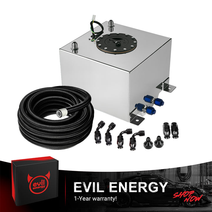 [5 Gallon,Silver,16FT] A silver EVIL ENERGY Aluminum Fuel Cell Gas Tank, shown as a complete kit with the included 6AN PTFE Fuel Line, AN fittings, and level sender.