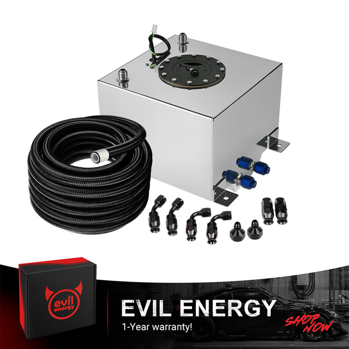 [5 Gallon,Silver,20FT] A silver EVIL ENERGY Aluminum Fuel Cell Gas Tank, shown as a complete kit with the included 6AN PTFE Fuel Line, AN fittings, and level sender.