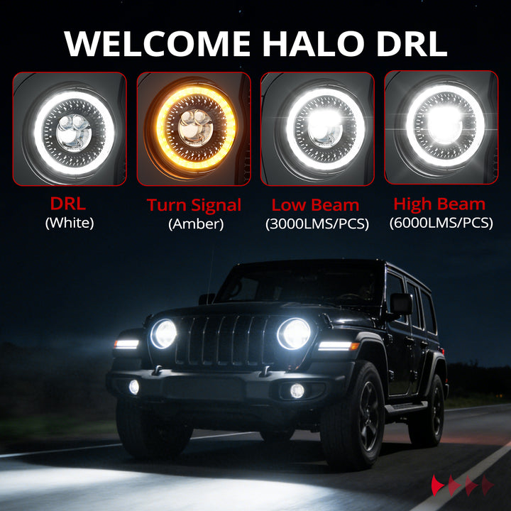 EVIL ENERGY New 1000% Bright Anti-glare 7 Inch Led Headlights Round Compatible with Jeep Wrangler JK JKU TJ LJ Chevy Ford GMC etc w/Starry DRL Start-up Gradient Halo Turn Signal H6024 DOT Hi/Lo Sealed Beam - EVILENERGY