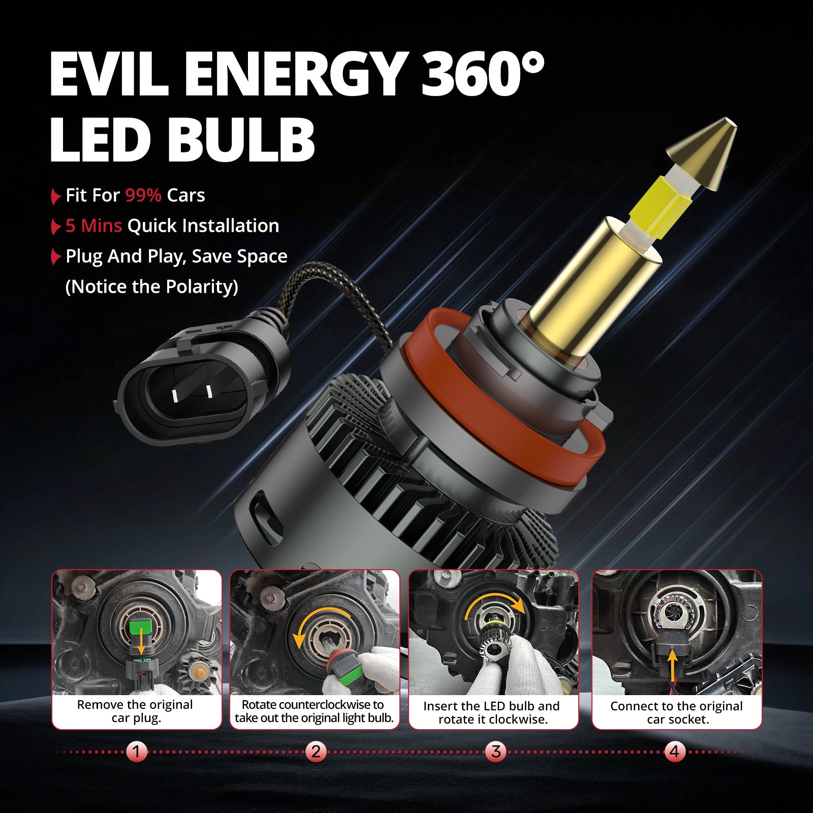 EVIL ENERGY RD09 Bullet H11/H8/H9 130W 360°Full Illumination LED Headlight Bulbs 900% Brighter Than Halogen and 60000Hrs Lifespan