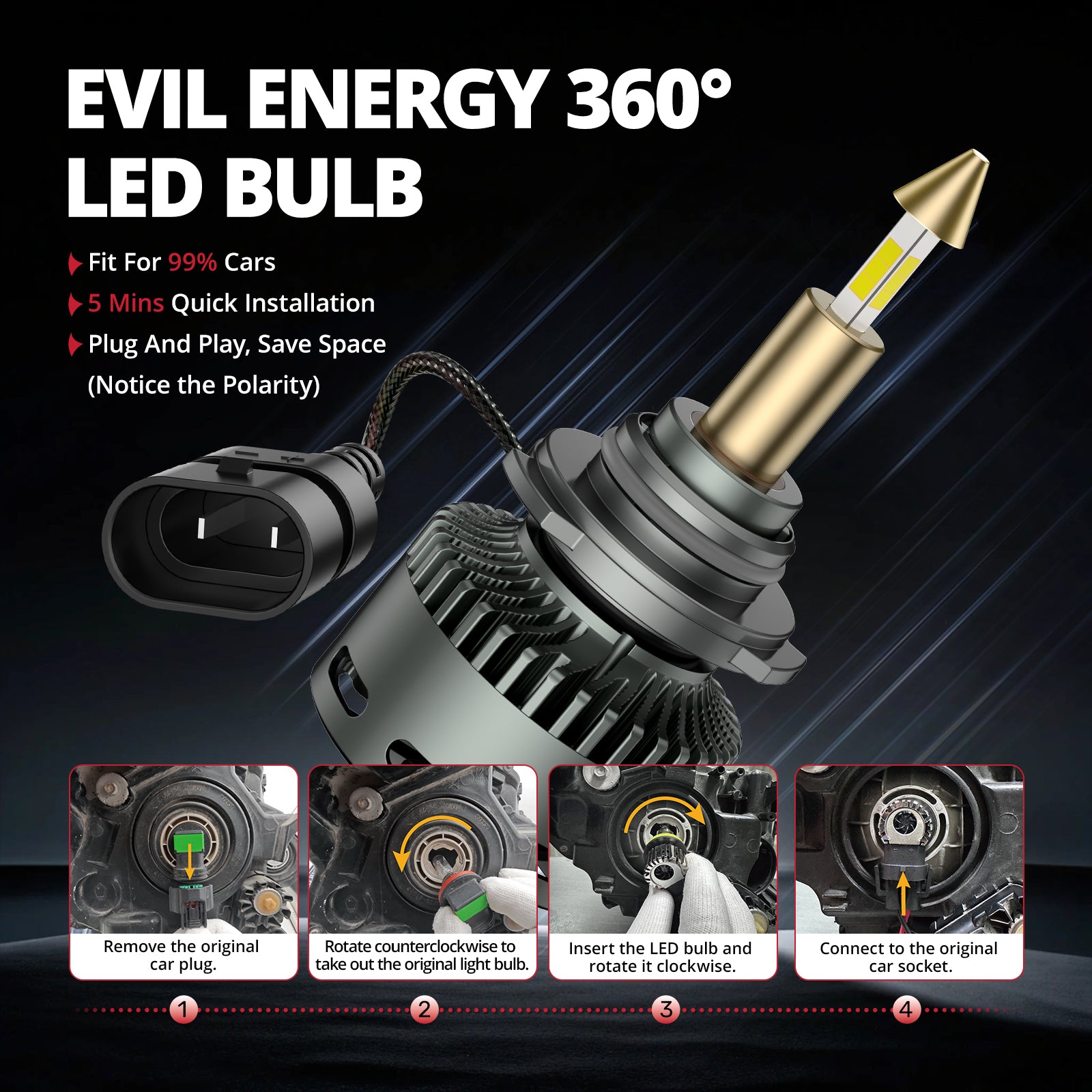EVIL ENERGY RD09 Bullet 9006/HB4 130W 360°Full Illumination LED Headlight Bulbs 900% Brighter Than Halogen and 60000Hrs Lifespan