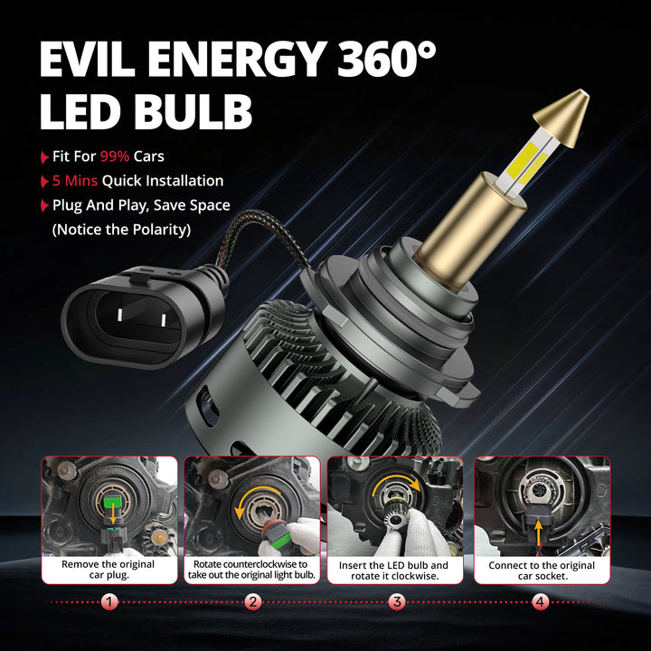 EVIL ENERGY RD09 Bullet 9006/HB4 130W 360°Full Illumination LED Headlight Bulbs 900% Brighter Than Halogen and 60000Hrs Lifespan - EVILENERGY
