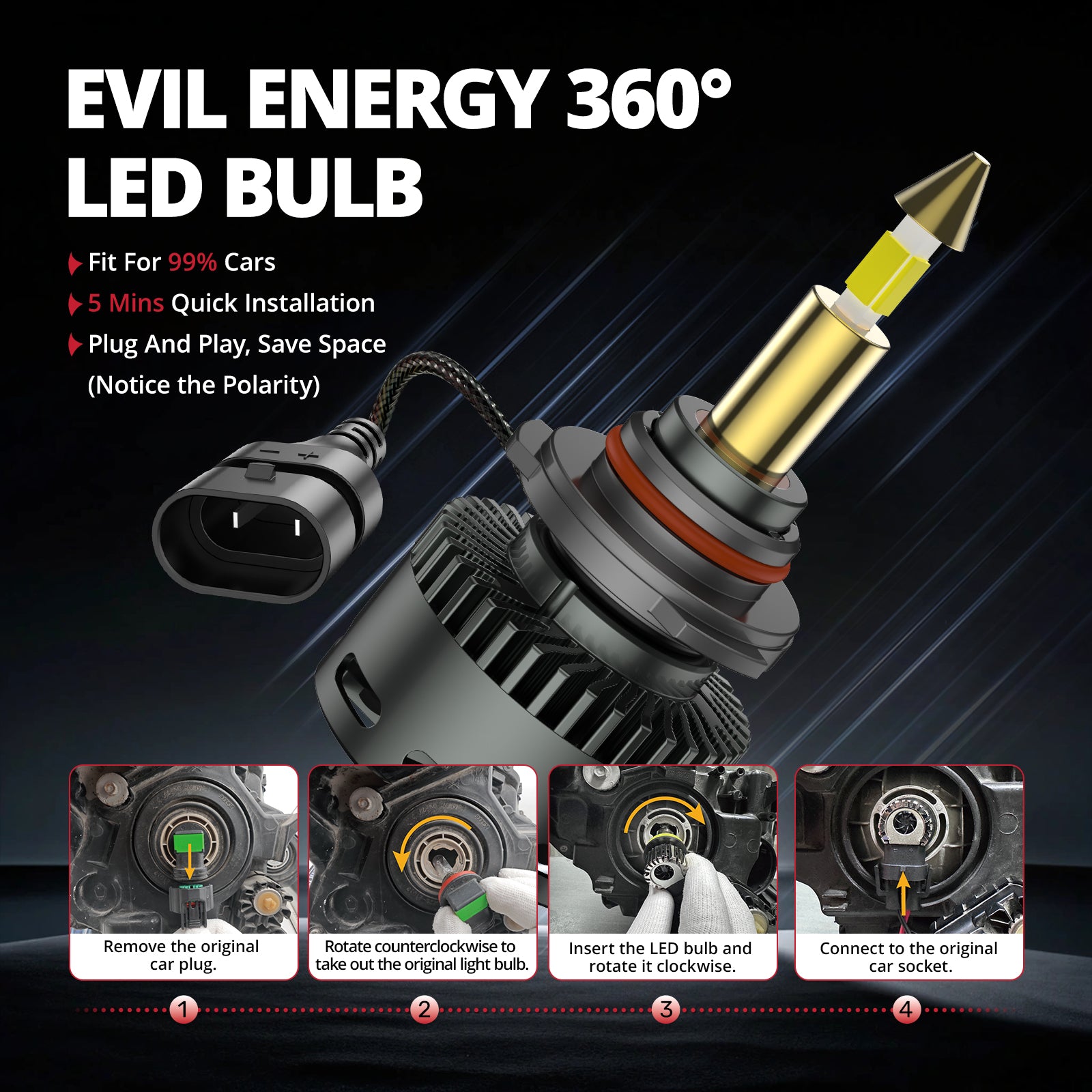 EVIL ENERGY RD09 Bullet 9005/9006 130W 360°Full Illumination LED Headlight Bulbs 900% Brighter Than Halogen and 60000Hrs Lifespan