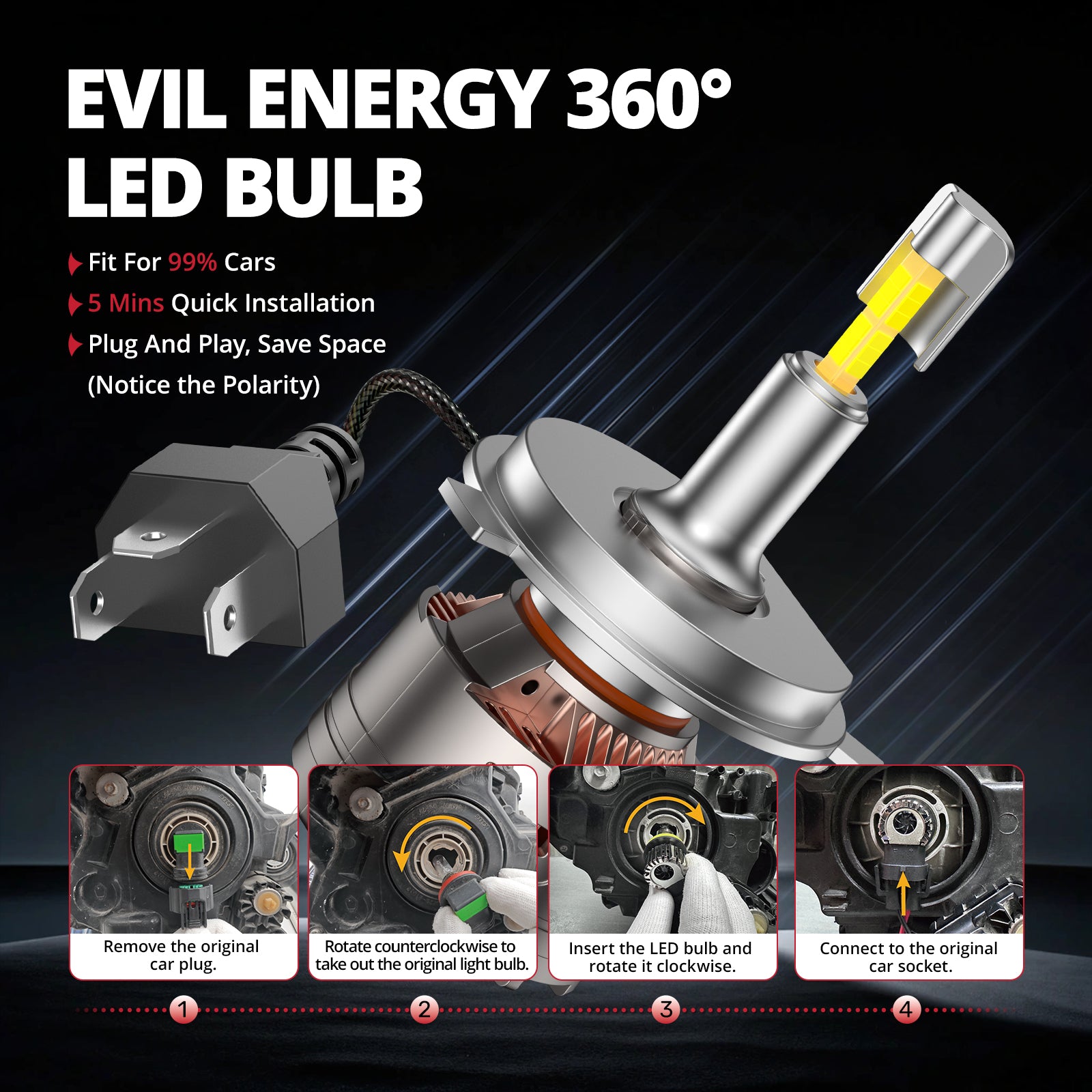 EVIL ENERGY V7 Brightest H4/9003/HB2 150W 360°Full Illumination LED Headlight Bulbs 900% Brighter Than Halogen and 50,000Hrs Lifespan