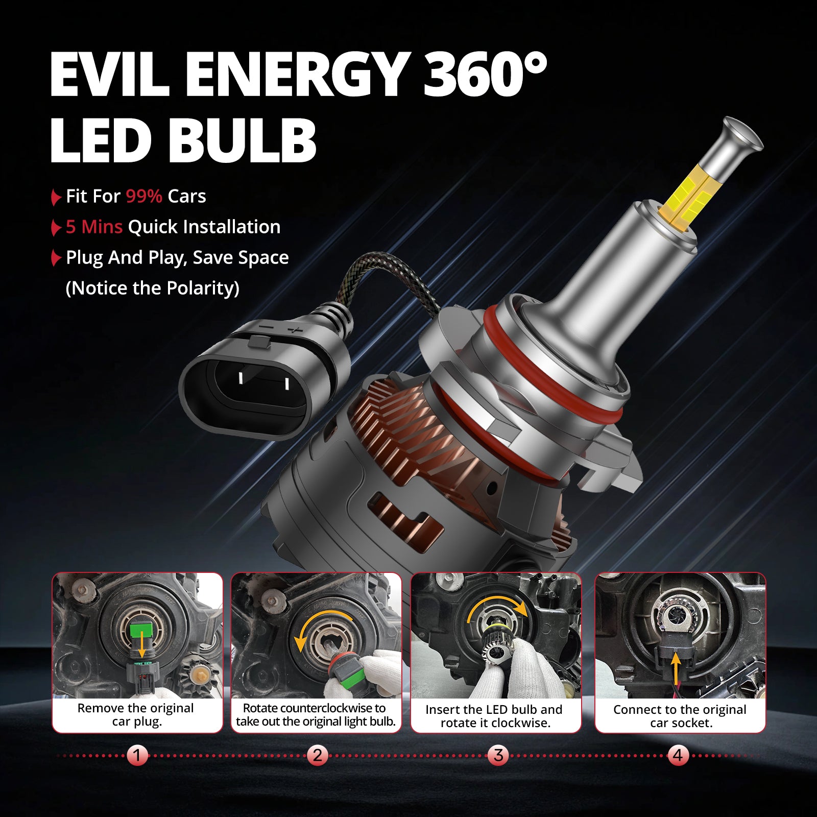 EVIL ENERGY V7 Brightest 150W 360° Full IIlumination 9005/HB3 6500K White 45000LM IP68 LED Headlight Bulbs 2 Pcs