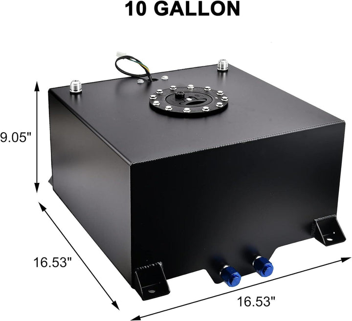 EVIL ENERGY 10-gallon fuel cell kit dimensions – 16.53x16.53x9.05 inch aluminum tank with AN10 fittings for racing setups