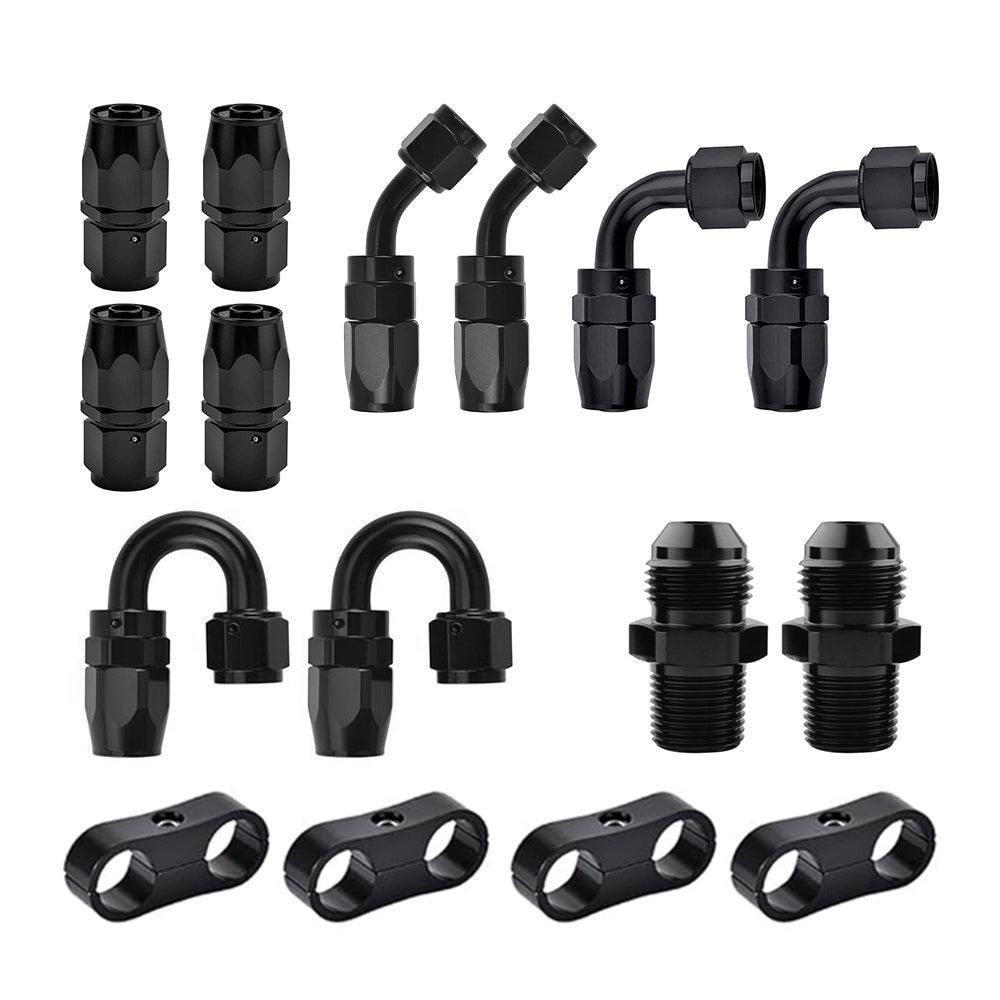 [KIT B (4 straight fittings)] EVIL ENERGY 6/8/10AN Hose End Fitting Kit Components - Assorted Black Fittings Display