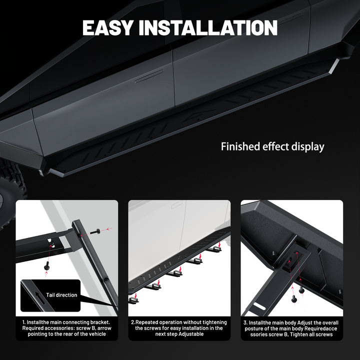2PCS Side Steps for Tesla Cybertruck 2019-2025 | Heavy-Duty Running Boards | Double Layer Side Steps | Anti-Slip Nerf Bars | No-Drill Bolt-On Installation | 550LB Capacity | Rust-Proof Stainless Steel｜EVIL ENERGY - EVILENERGY