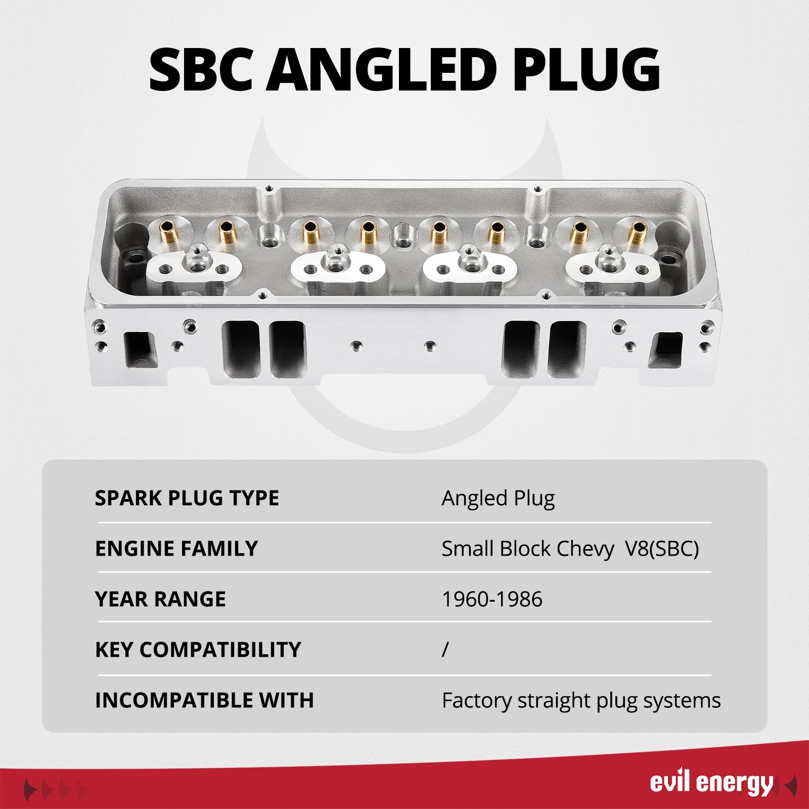 EVIL ENERGY SBC Angled Plug Cylinder Head - Small Block Chevy V8 (SBC), 1960 - 1986