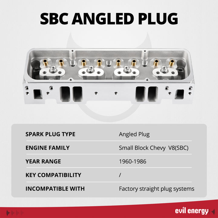 EVIL ENERGY SBC Angled Plug Cylinder Head - Small Block Chevy V8 (SBC), 1960 - 1986