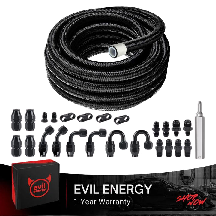 EVIL ENERGY 4/6/8/10AN PTFE Fuel Line Kit 16FT, AN4 E85 Braided PTFE Fuel Line Kit Black Nylon 4AN Hose - EVILENERGY