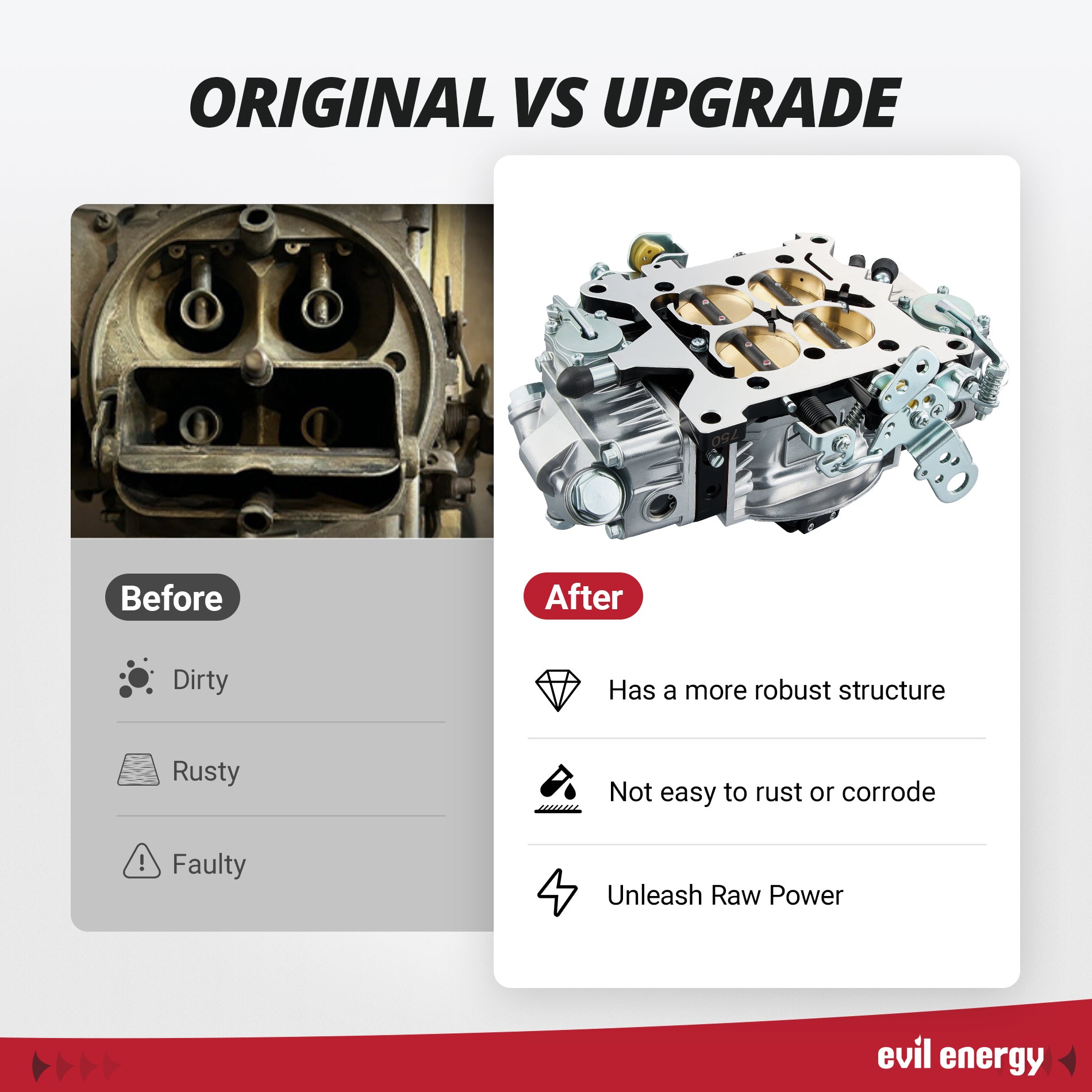 EVIL ENERGY 750 CFM 4 barrel Carburetor upgrade vs original, robust structure