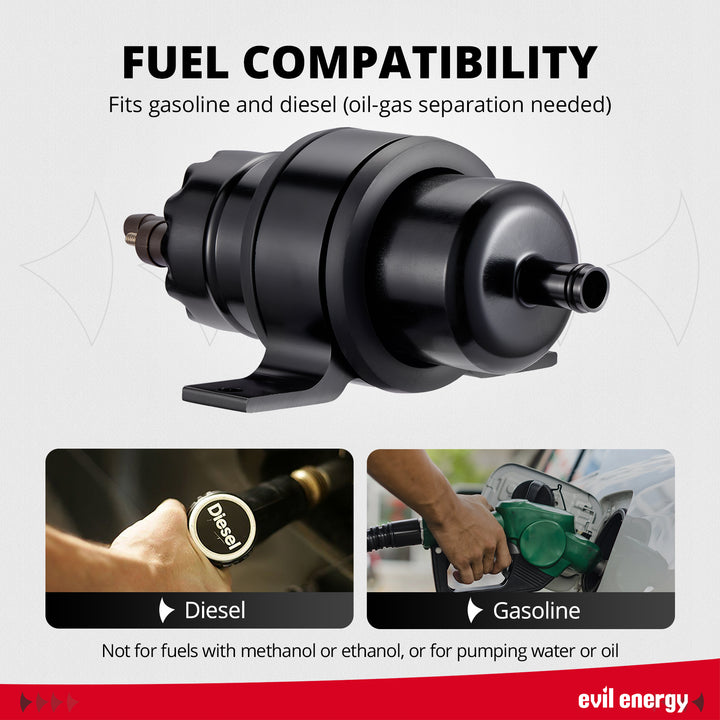 [Black] EVIL ENERGY 12V Electric Fuel Pump for EFI 225 LPH - Fuel Compatibility (Gasoline, Diesel)