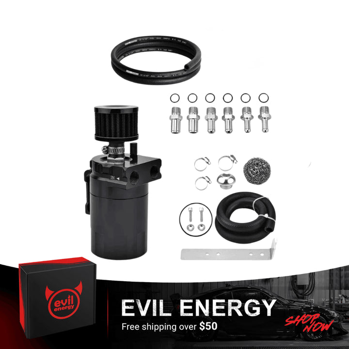 EVIL ENERGY Baffled Oil Catch Can Breather Filter with 1/2 Fuel Hose Line Rubber SAE 30R7 217PSI Universal[5FT]