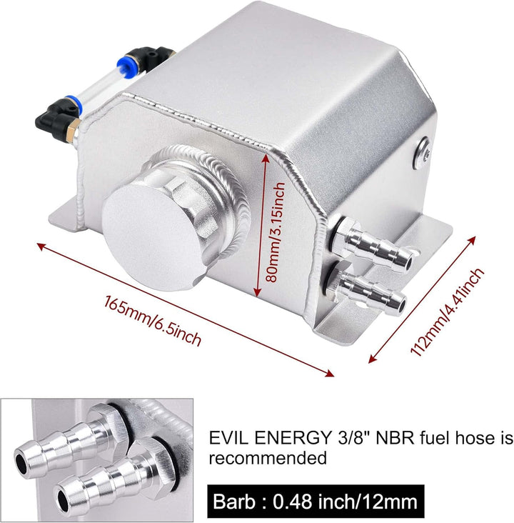 [Silver,1L] EVIL ENERGY 10AN Baffled Oil Catch Can With Universal Coolant Overflow Tank — silver aluminum tank with 12mm barb fitting and hose connector details.