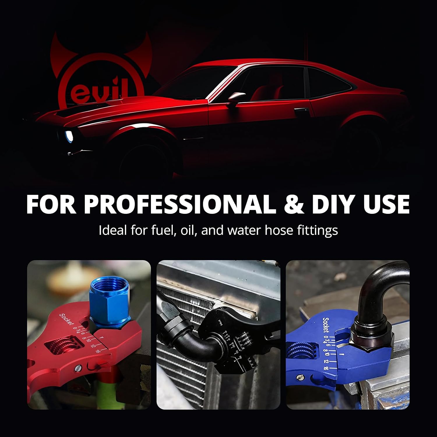 EVIL ENERGY AN Fittings Wrench Set, AN Hose Fitting Adapter Tool | 3AN-16AN Adjustable Lightweight Aluminum Tool and Double Hose End Fitting Wrench, 6AN Socket-AN8 B-Nut, Red