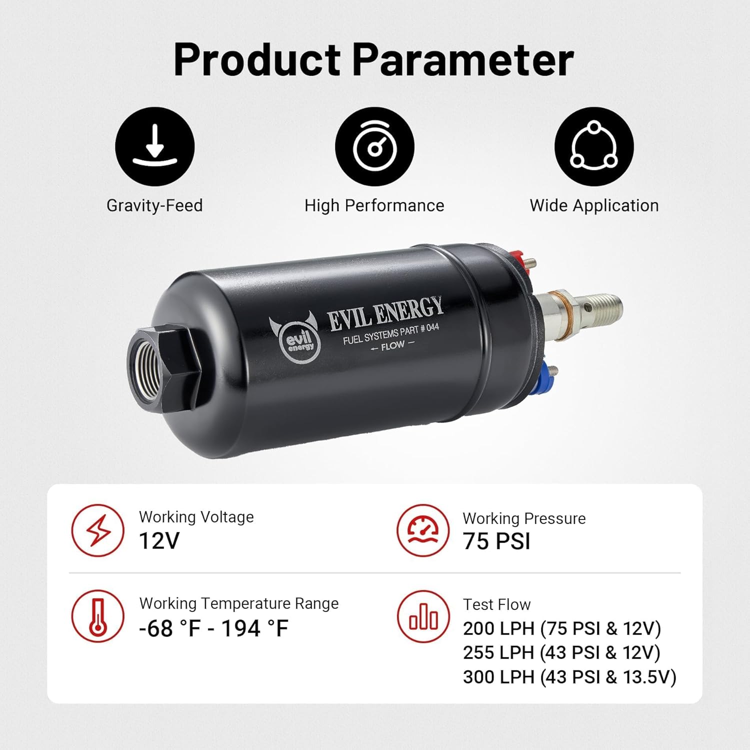 EVIL ENERGY 300LPH High Flow External Inline Fuel Pump Kit Universal 12V with AN6 Adapter Fittings & Bracket Black