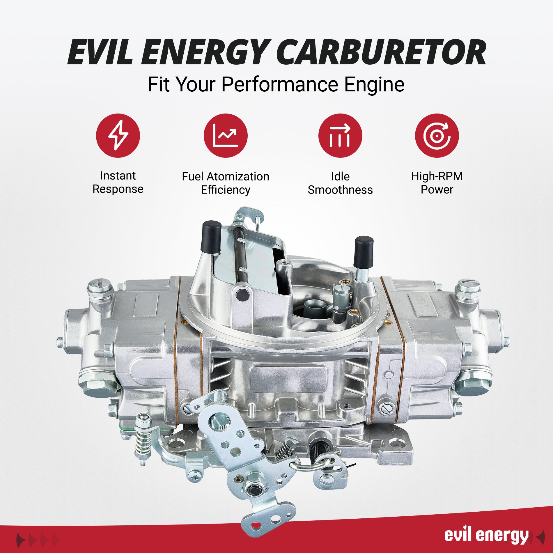 EVIL ENERGY 750 CFM 4 Barrel Carburetor designed for instant throttle response, improved fuel atomization, smoother idle, and stronger high-RPM power output