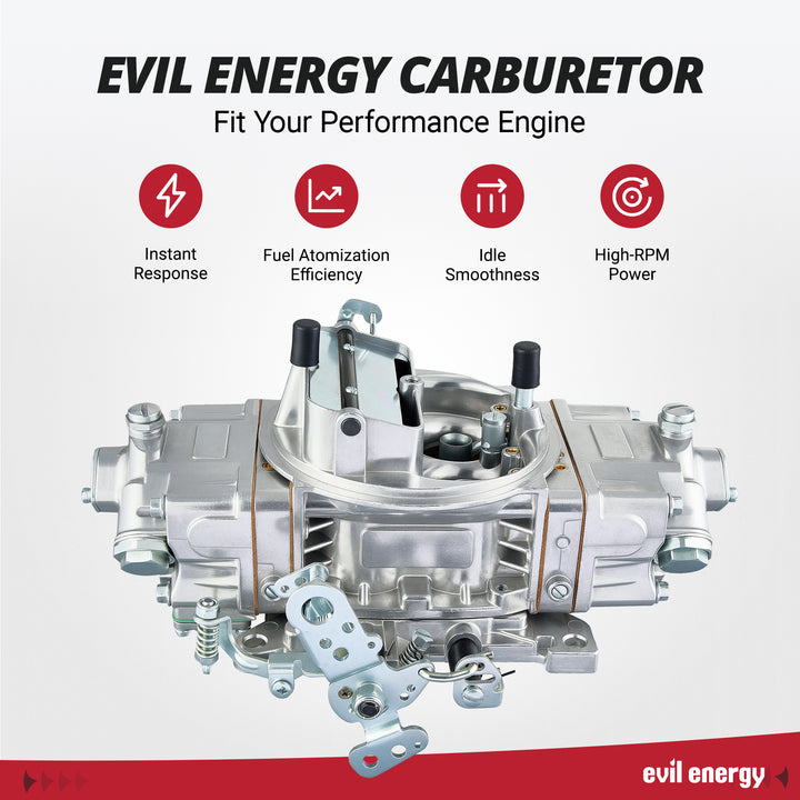 EVIL ENERGY 750 CFM 4 Barrel Carburetor designed for instant throttle response, improved fuel atomization, smoother idle, and stronger high-RPM power output