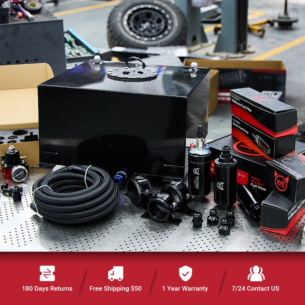 EVIL ENERGY fuel system kit with fuel cell tank, braided fuel hose, filters, pump, and AN fittings displayed in workshop setting, highlighting services: 180-day returns, free shipping, 1-year warranty, and 24/7 support.