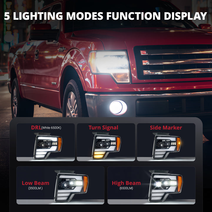 EVIL ENERGY Fit for Ford F150 2009-2014 LED Headlight Assembly, 1000% Bright with 5 Light Modes & Perfect Beam Pattern, IP67 Waterproof & Plug-N-Play, For Factory Halogen Headlights & 3 Pin Plug Only - EVILENERGY