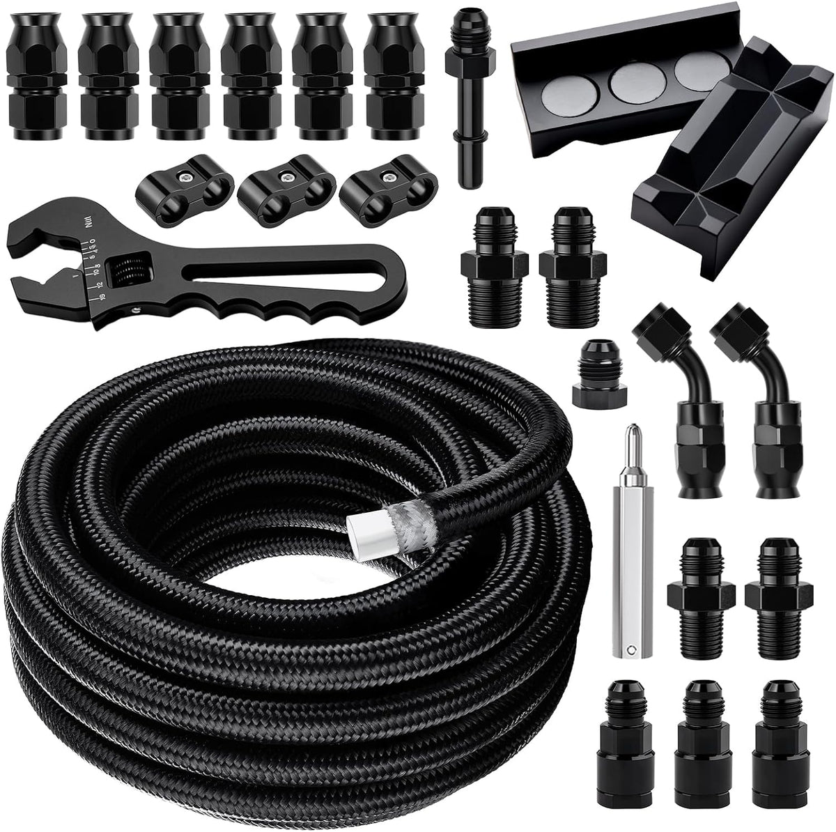 EVIL ENERGY 6AN PTFE Fuel Line Kit, AN6 Nylon Braided PTFE Fuel Hose Kit 26FT, E85 Compatible LS Swap Line Hose with Adjustion Wrench Fittings Kits