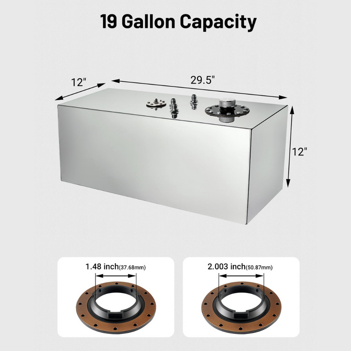 [Silver,19 Gallon] Evil Energy fuel cell 19-gallon aluminum tank showing dimensions 29.5 x 12 x 12 inches with flange measurements.