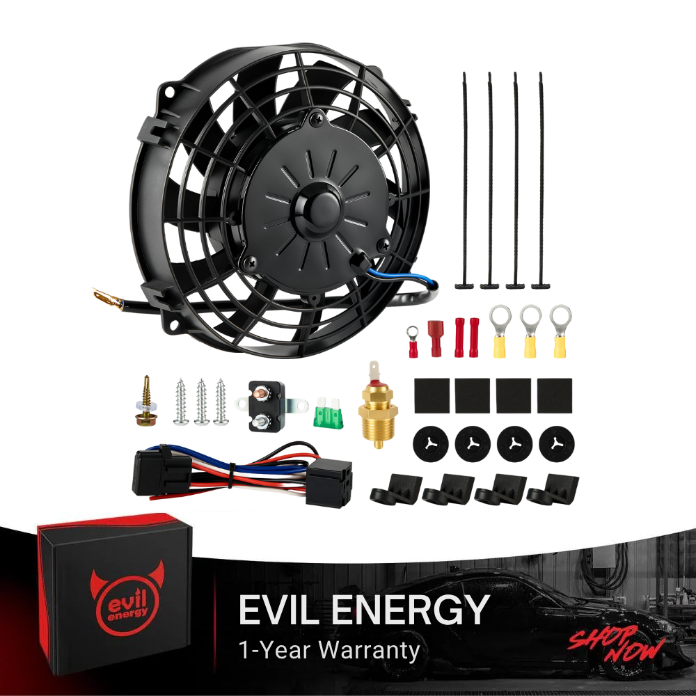 [8 IN] Electric radiator cooling fan full kit by Evil Energy with mounting hardware, relay, thermostat sensor, and wiring – complete electric fan automotive package with 1-year warranty