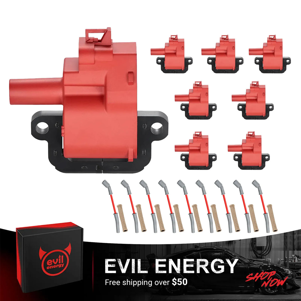 EVIL ENERGY UF192 Ignition Coil & 8.5mm Spark Plug Wire Kit for GM 5.7L LS1/LS6