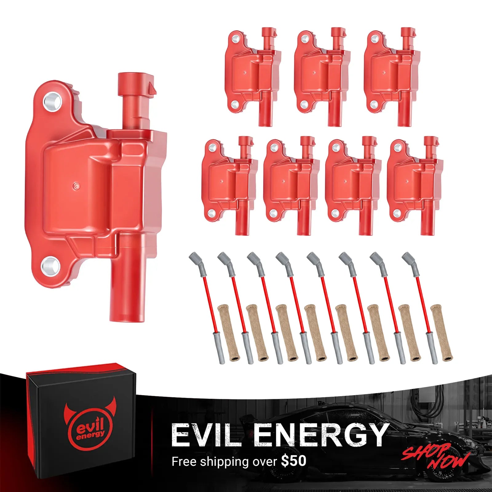 EVIL ENERGY GM Gen V Ignition Coil & 8.5mm Spark Plug Wire Kit | UF743 | Chevy GMC 5.3L 6.2L V8