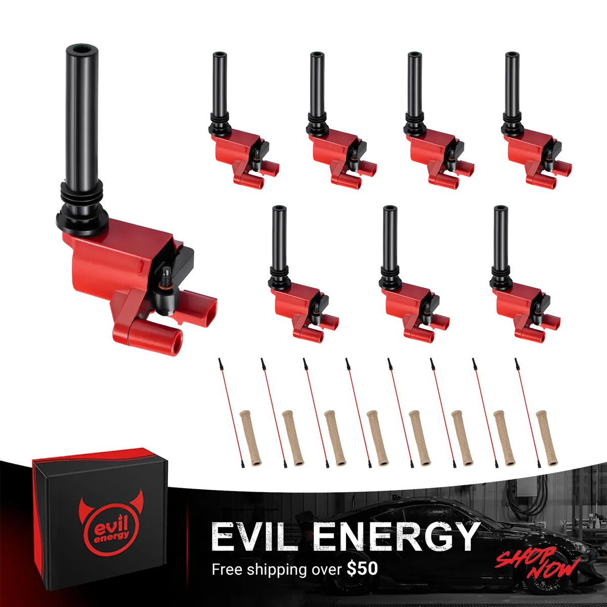 EVIL ENERGY UF378 Ignition Coil & 8.5mm Spark Plug Wire Kit for 2003-2005 Dodge Ram 1500 2500 3500 5.7L HEMI