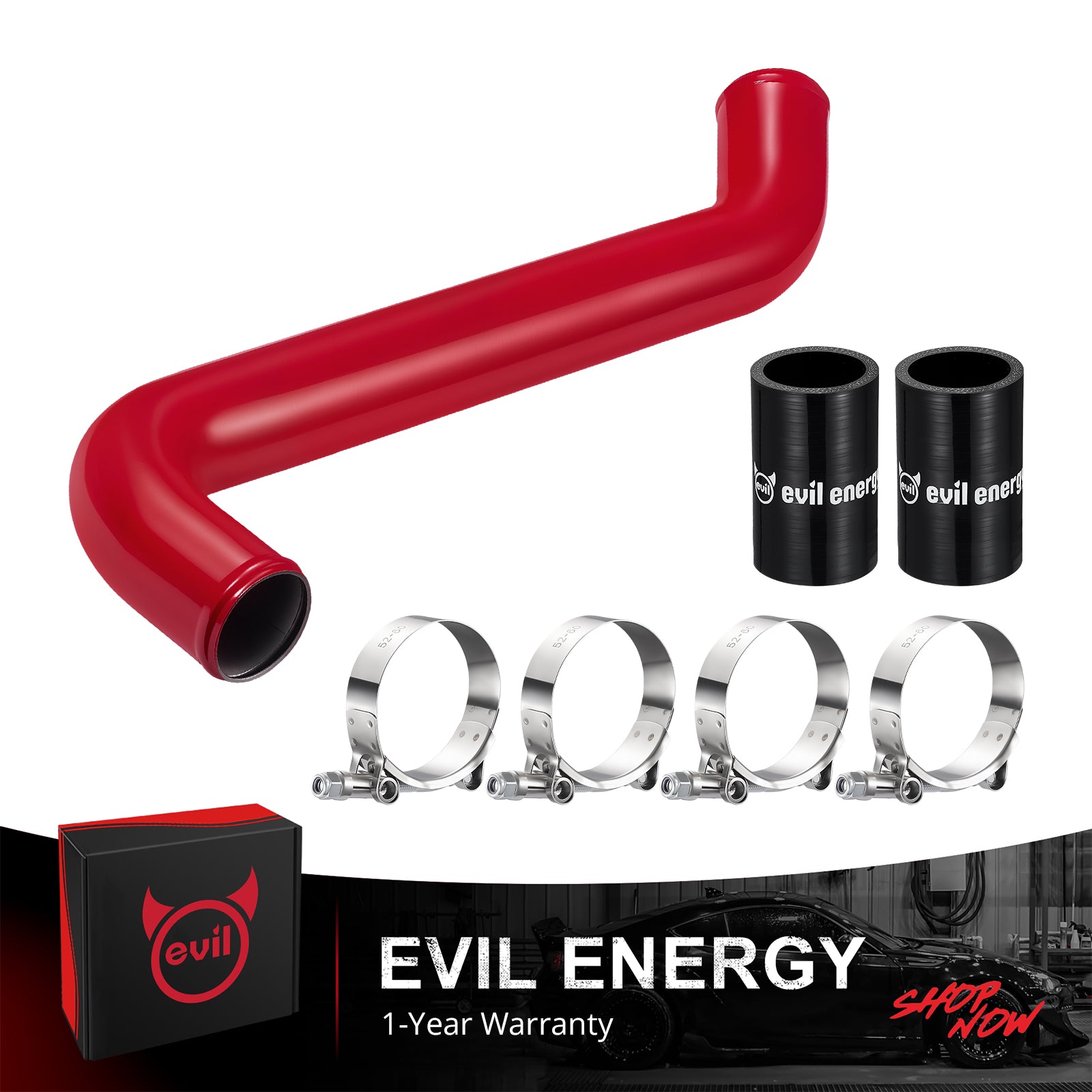 [Red] EVIL ENERGY automotive radiator hose kit with black aluminum upper coolant pipe, silicone couplers, T-bolt clamps, and 1-year warranty