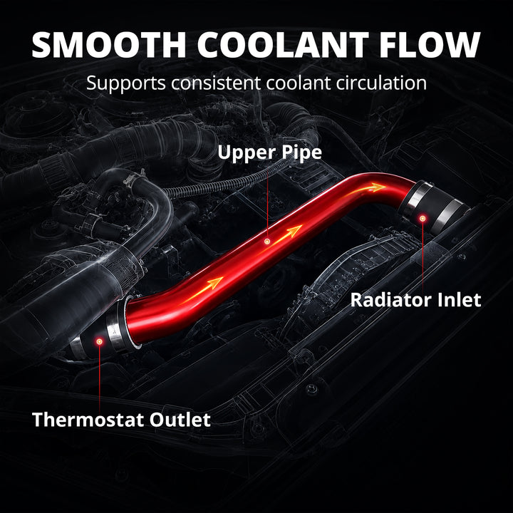[Red] LML Duramax coolant hose diagram showing smooth coolant flow from thermostat outlet through upper pipe to radiator inlet