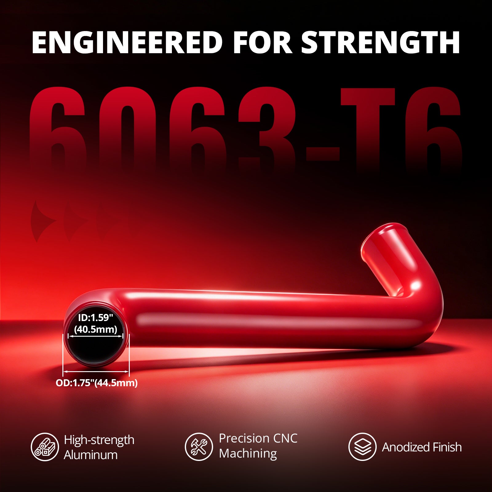 [Red] 6063-T6 aluminum upper radiator hose pipe with black anodized finish, 1.59 inch ID and 1.75 inch OD for Duramax coolant hose upgrade