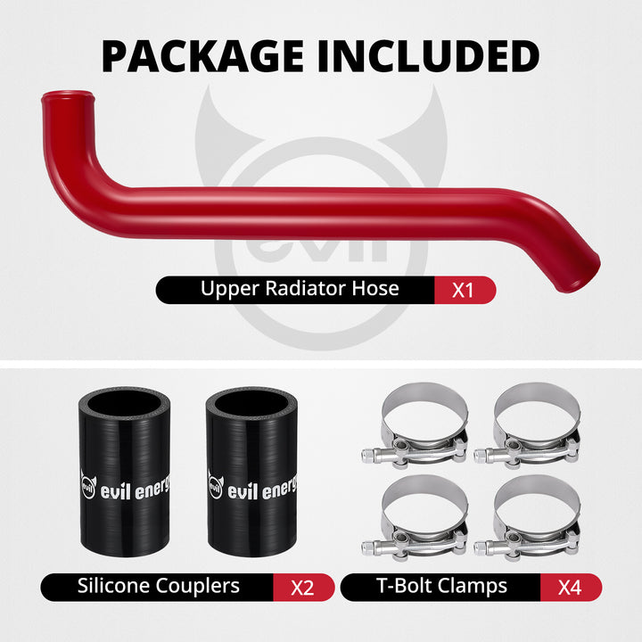 [Red] Package included for upper radiator hose kit with black aluminum pipe, two silicone couplers, and four T-bolt clamps