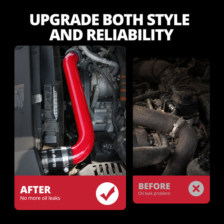 [Red] Before and after engine bay comparison showing factory rubber coolant hose replaced by black aluminum radiator hose pipe