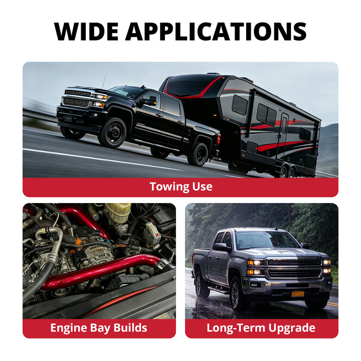 Wide applications for Duramax radiator hose kit including towing use, engine bay builds, and long-term cooling system upgrade