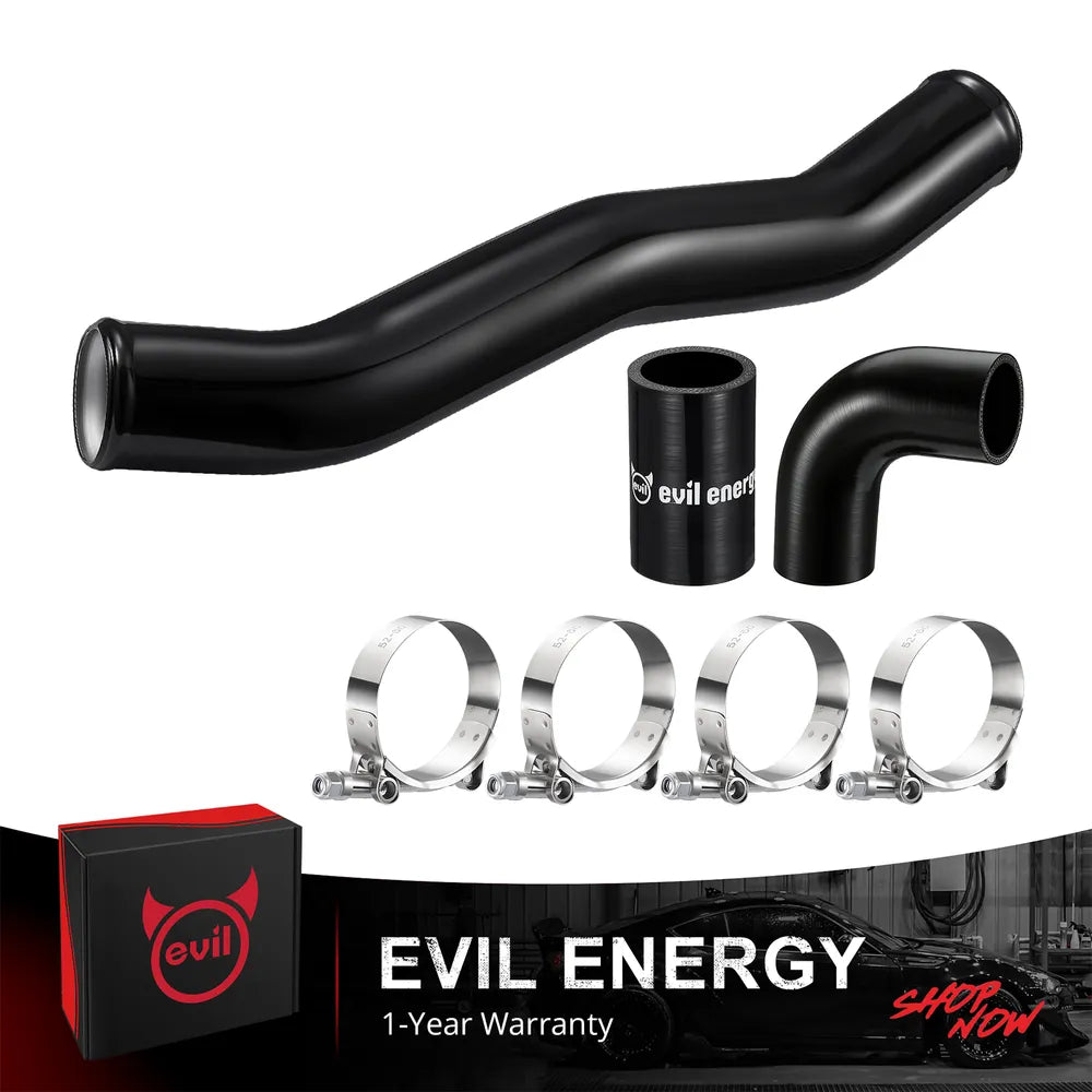 [Black] EVIL ENERGY upper radiator hose kit with red aluminum coolant pipe, silicone couplers, and T-bolt clamps for 2020-2025 L5P Duramax trucks