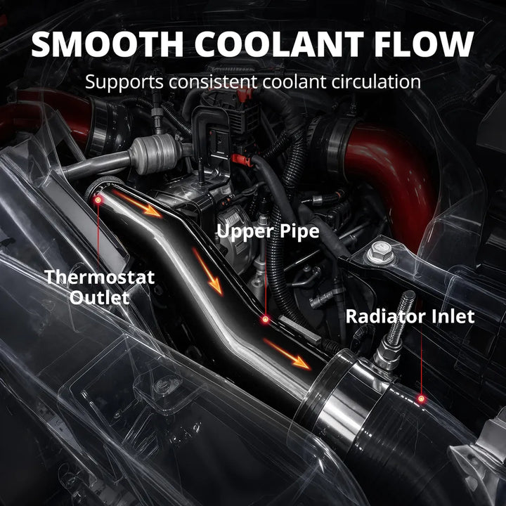 [Black] Smooth coolant flow diagram showing upper radiator hose from thermostat outlet to radiator inlet on L5P Duramax engine