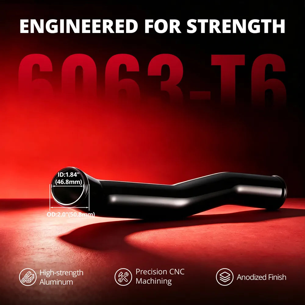 [Black] 6063-T6 aluminum upper radiator hose pipe with 1.84 inch inner diameter, 2.0 inch outer diameter, CNC machining, and anodized finish